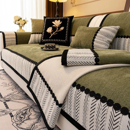 Contrast Hem Twill Chenille Sofa Cover for All Seasons Living Room Non-slip Sofa Seat Cover Couch Slipcover, Sofa Towel